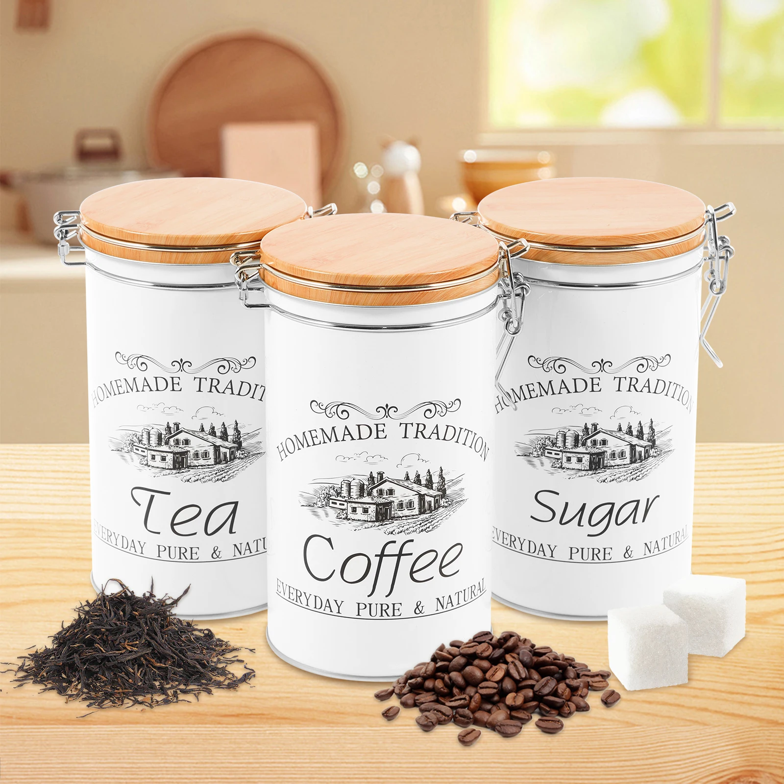Coffee Tea And Sugar Canister Set - Juego de 3 Recipientes Metálicos para