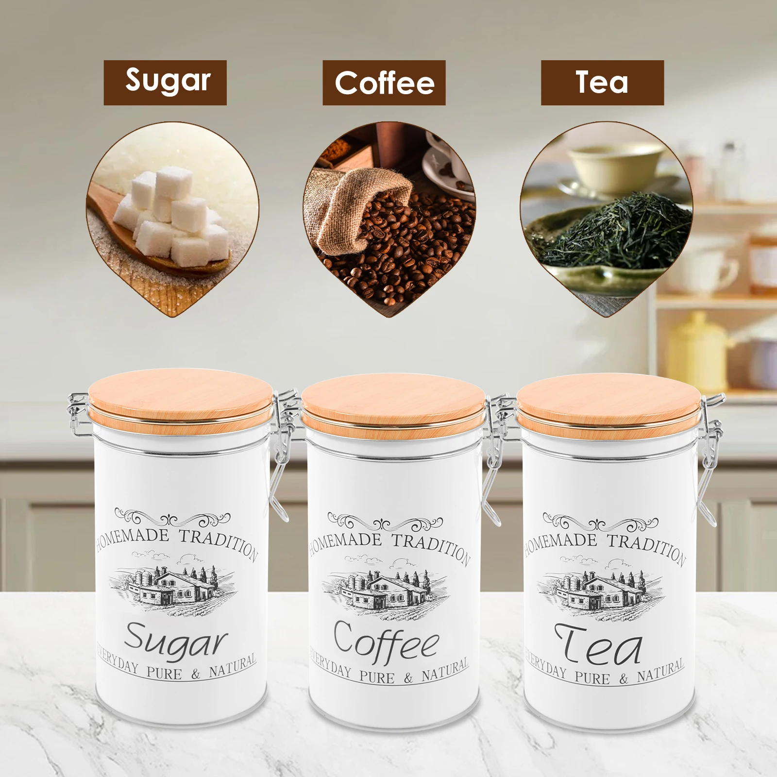 3 unids/set de botes de azúcar - Coffee Tea And Sugar Canister Set reseña y precio