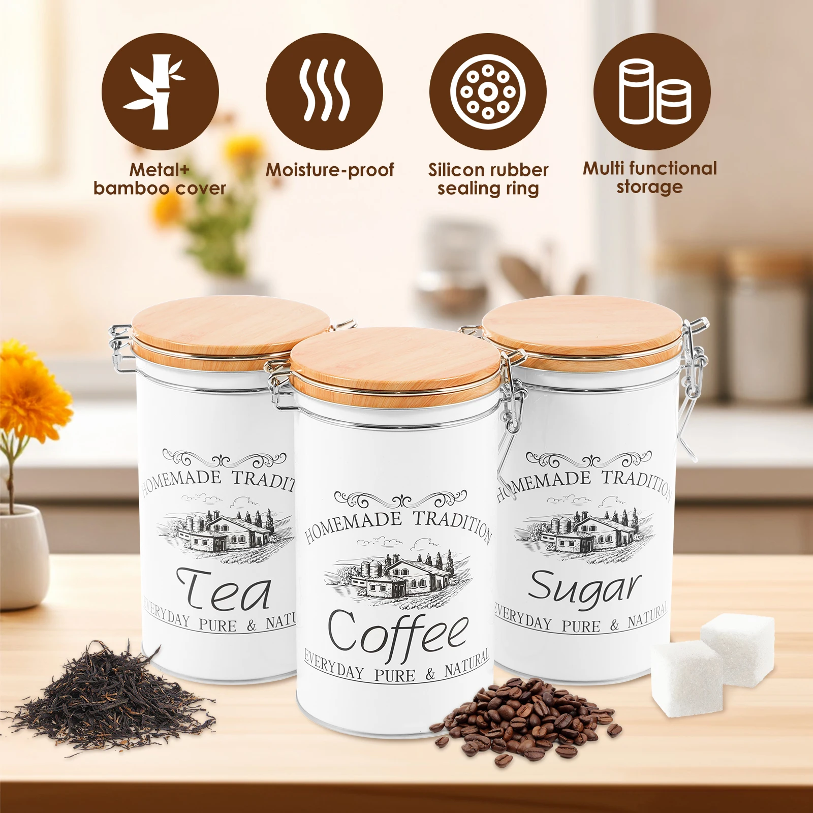 Juego de 3 Recipientes Metálic - Coffee Tea And Sugar Canister Set reseña y precio
